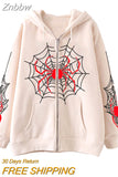 Znbbw Women's Halloween Casual Hooded Coat Long Sleeve Spider Web Print Zip Up Hoodie with Pockets
