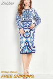 Znbbw Quality Autumn Women Fahion Designer Midi Dress Long Sleeve Blue And White Porcelain Printed Elegant Pencil Dresses