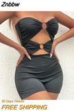 Znbbw Strapless Sexy Cut Out O-Ring Detail Romper Party Club Outfits for Women Summer Black Solid Bodycon Playsuit