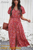 Znbbw Dress Women 2023 New V Neck Button Vintage Floral Printed Bohemian Maxi Dresses Woman Casual Beach Holiday Dress Vestido