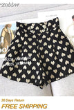 znbbw Summer Street Casual Style High Waist Geometric Print Shorts Women's Harajuku 3D Heart Decoration Loose Fit Pleated Shorts