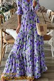 znbbw Short Sleeve Stitching Pleated Party Dress Boho Printed Women High Waist A-Line Maxi Dress Elegant Slim V-Neck Long Dress