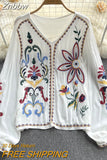 Znbbw Blouse Embroidered Top Spring Summer New V-neck Loose Lantern Sleeves Ethnic Cotton Linen Shirt Tide Female Blusa D1105