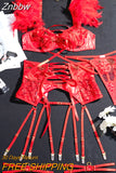 Znbbw Feather Lingerie Sexy Lace Up Underwear 5-Piece Floral Lace See Through Intimate Bra And Panty Hot Sexy Fancy Outfits