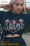 Znbbw Aesthetic Sexy Crop Top Letter Graphic Print Short Sleeve T-shirt 90s Punk E-girl Slim Streetwear Retro Grunge Women Clothes