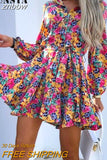 znbbw Women Elegant Slim Print Mini Dress Office Lapel Pleated A-Line Shirt Dress Mujer Fashion Floral Printed Ladies Boho Party Dress