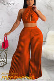 Znbbw Women Pleated Halter Lace Up Sleeveless Pant Suits 2023 Summer New Party Outfits Lady Fashion Top Wide Leg Pants Two Piece Set