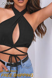 Znbbw white Sexy Bandage Halter Crop Tops for Women 2023 Sleeveless Backless Club Party Chic Wrap Cropped Top Slim Tank Streetwear