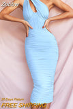 Znbbw High Quality Mesh One Shoulder Backless Midi Dress For Women Fashion Hollow Out Sleeveless Ruched Long Dress Vestido