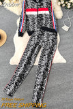 Znbbw Women Stripe Zipper Knitted Cardigans Jacket Sweaters + Pencil Pants Sets Woman Fashion Jumpers Trousers 2 PCS Costumes Outfit