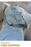 znbbw Fashion Denim Women Pants Two Piece Set Women Sequined Embroidery Button Jacket Coat + High Waist Wide Leg Trousers Suits
