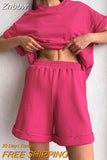 Znbbw Women Tracksuit Summer Cotton Shorts with T-shirt Casual Two Piece Sets Loose Pants Suits Top Woman Elastic Waist Shorts Outfits