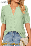 Znbbw Solid Lace Woman Shirt Elegant Hollow Puff Short Sleeve Pullover Blouse Women Casual V-neck Loose Lady Tops Blusas 24698