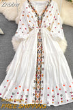 Znbbw retro ethnic style temperament embroidered puff sleeves V-neck waist a-line dress holiday big swing Vestidos Women D1577