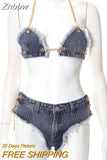 Znbbw Piece Set Women Denim Outfits Sexy Chain Halter Bra+Low Rise Tassel Mini Shorts 2023 Summer Punk Grunge Clothes