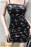 Znbbw Black Dress Women Gothic Spaghetti Strap Backless Off Shoulder Dresses Female Fashion Casual Print Sexy Dress