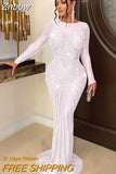 Znbbw Women Sexy Mesh See Through Rhinestone Maxi Dress Female Full Sleeve Night Clubwear 2023 New Fashion Floor-length Dresses