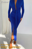 Znbbw Elegant Deep V Neck Full Sleeve Long Dress For Women Robe Fashion Autumn New Irregular Ruched Bodycon Midi Dress