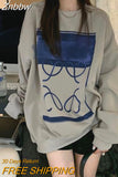 Znbbw Vintage Gray Graphic Hoodies Women Harajuku Autumn Winter Oversized Sweatshirts Loose Casual Fleece Tops Korean Fashion