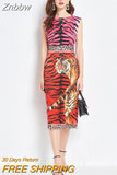 Znbbw Fashion Runway Summer Midi Dress Women Sleeveless Vintage Tiger leopard print Slim Party Bodycon Dress Vestidos N452