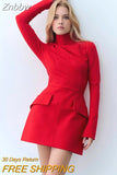 Znbbw Women Fashion Solid High Collar Mini Dress Elegant Long Sleeves Double Pockets Decor A-line Dresses 2023 Sexy Bodycon Robes