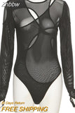 Znbbw Solid Color Bodysuit See-Through Sexy Hollow Design Women Top Jumpsuits Slim Fit For High Street Clubwear Female