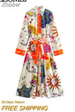 Znbbw TRAF 2023 Summer Women Vintage Art Print Dress With Bow Female Sashes Midi Shirt Dress Chic Casual Slim Dress