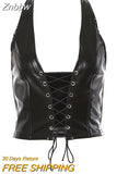 Znbbw fashion punk black leather hollwo crop tops womens camisole 2023 summer fashion stretch tees Slim Soft leather tank tops