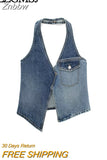 Znbbw TRAF Summer Sexy Camis Women Denim Blue Vest Woemn V Neck Halte Sleeveless Backless Asymmetric Top Female Tanks Y2K