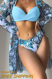 Znbbw Women Gauze Floral Printed Bikini Swimwear Set Full Sleeve Cover Up Three Pieces Sets 2023 Fashion Summer Beach Bathing Suit