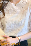 Znbbw Women White Blouse Tops Short Sleeve Hollow Chiffon Blouse Shirt Blouse Women Blusas Mujer De Moda 2023 Blouses Top E949