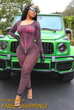 znbbw Summer Sexy Mesh Striped Print Jumpsuit Club Outfit For Women 2023 Long Sleeve One Pieces Jumpsuit Female Black Jumpsuit