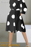 Znbbw Elegant Waist A-line Dress New Autumn Lady Turn-down Collar Pocket Shirt Dress Casual Polka Dot Print Long Sleeved Dress