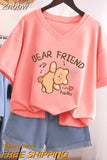 Znbbw 100% Cotton L-5XL Plus Size T Shirt Bunny Print V Neck Tshirt Short Sleeve Women Top Basic Summer Couple Solid T Shirts