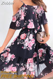 Znbbw Dress Women 2023 Ruffles Chiffon Beach Floral Print Dress Sexy Spaghetti Strap Fashion Party Elegant Dresses for Women