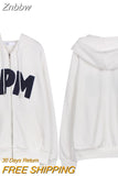 Znbbw Y2K Tops letter print Grunge Gothi Oversized Zip-Up Hoodie Streetwear Womens hip-hop Kawaii Female Sweatshirts