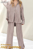znbbw Women Pleated 2 Piece Sets Long Sleeve Blouse Tops And Split Wide Leg Pant Suit Female Fashion Casual Loose Homewear Outfit