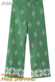 Znbbw TRAF Women Vintage Patchwork Embroidery Casual Linen Wide Leg Pants Chic High Waist Zipper Ankle Length Trousers