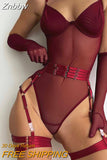 Znbbw Tight Fitting Lace Bodysuit Sexy See Through Erotic Body With Gloves Garter Night Club Outfit Sissy Crotchless Mesh Top