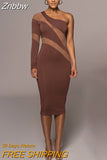 Znbbw Mesh See Through Patchwork Midi Dress For Women Robe Autumn New One Sleeve Backless Bodycon Long Dress Vestido