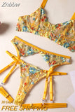 Znbbw Floral Lingerie Luxury Lace Delicate Underwear Uncensored Sexy Garter Brief Sets 4-Piece Fancy Transparent Intimate