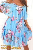 Znbbw Dress Women 2023 Ruffles Chiffon Beach Floral Print Dress Sexy Spaghetti Strap Fashion Party Elegant Dresses for Women