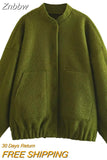 Znbbw TRAF 2023 Women Oversized Bomber Jackets Coat Pockets Vintage Stand Neck Long Sleeves Female Chic Outwears
