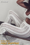 Znbbw White Hollow Out Crochet Knitted Drawstring Sexy Pants Trousers Women Streetwear High Waist Skinny Long Flare Pants