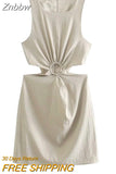 Znbbw ZBZA Dress For Woman 2023 Hollow Out Solid A-line Sleeveless Dresses Causal O-Neck Dresses Woman Mini Bodycon Dress