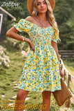 Znbbw Women's Summer Dress Elegant Floral Print Vintage Mini Dress Clothes V-Neck Puff Sleeve Ruffles Sexy Cake Dresses for Women 2023