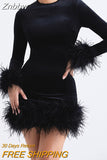 Znbbw Feather Black Women Party Dresses Spring Autumn Long Sleeve Round Neck Mini Dress 2023 Female Elegant Club Evening Vestido