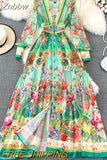 Znbbw Summer Bohemian Rose Floral Print Flowy Chiffon Dress Women Clothing V-Neck Long Sleeve Single Breasted Split Maxi Vestidos