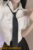 znbbw 2023 Summer Sexy Slim Short Sleeve White Shirt Women Button Tie Ladies Blouse Office Cosplay New In Female Clothing Tops