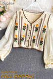 Znbbw Crochet Hollow Embroidery V-neck Long Shirt Female Spring and Autumn Temperament Sweet and Wild Short Girl Blouse UK078